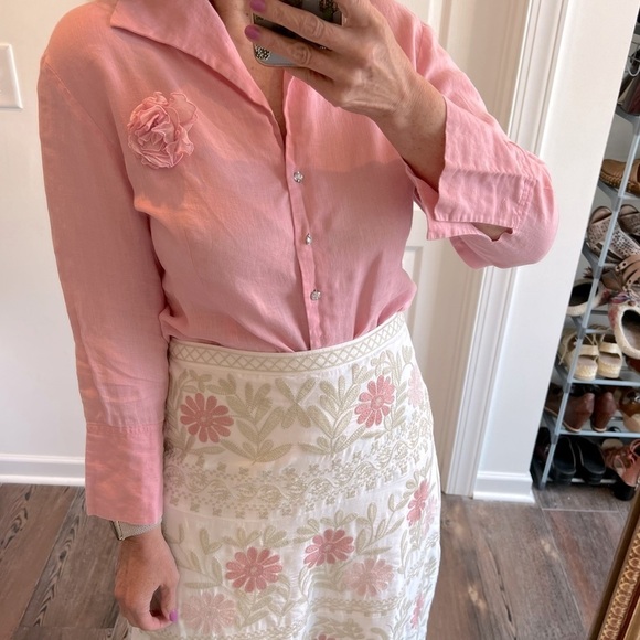 Pure linen pink blouse rhinestone buttons Floral Rose Detail size large - Picture 1 of 10